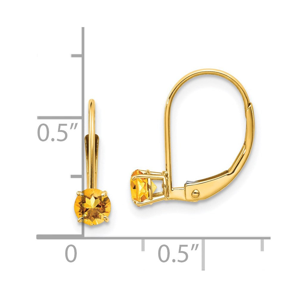 14k Yellow Gold 4mm Round November/Citrine Leverback Dangle Earrings