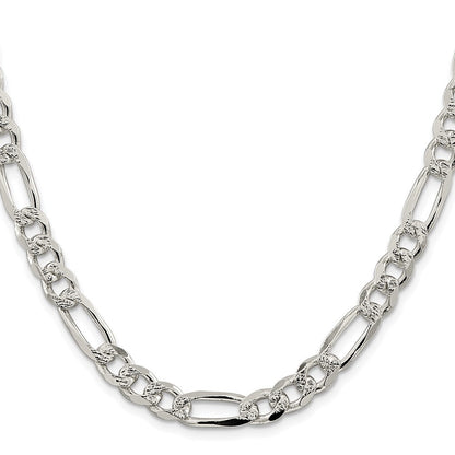 Sterling Silver Rhodium-plated 8mm Pav� Flat Figaro Chain Necklace 30"