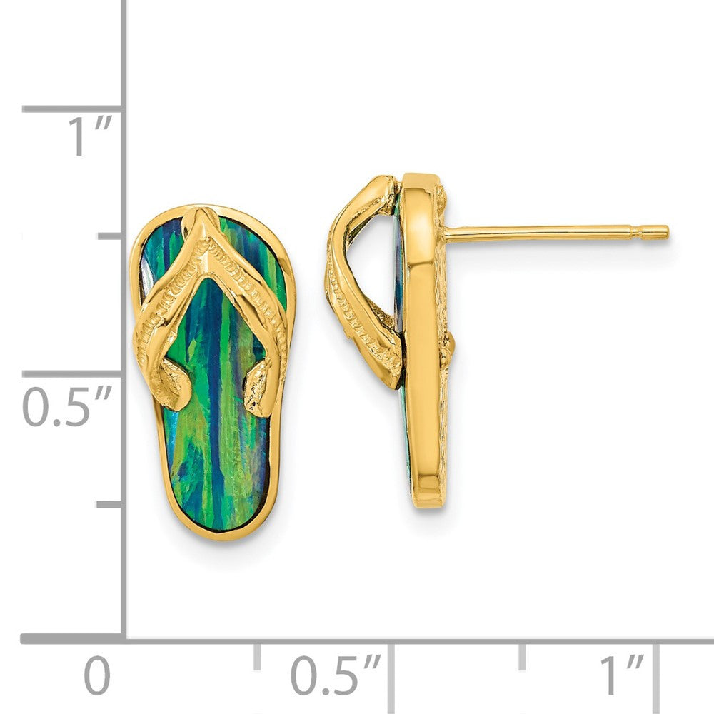 14k Yellow Gold Polished w/Created Blue Opal Flip Flop Stud Earrings