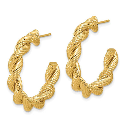 14k Yellow Gold Polished and Textured Twisted Hoop Earrings