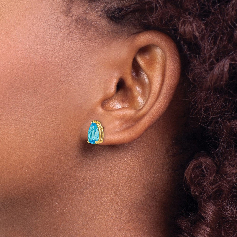 14k Yellow Gold 10x7mm Pear Blue Topaz Stud Earrings