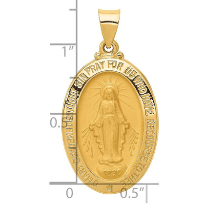 14k Yellow Gold Polished and Satin Miraculous Medal Hollow Pendant