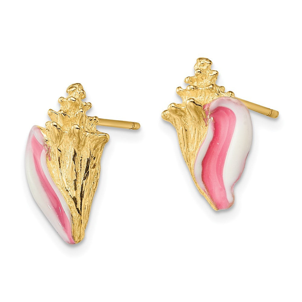 14k Yellow Gold White and Pink Enamel Conch Shell Stud Earrings