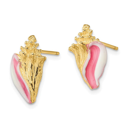 14k Yellow Gold White and Pink Enamel Conch Shell Stud Earrings