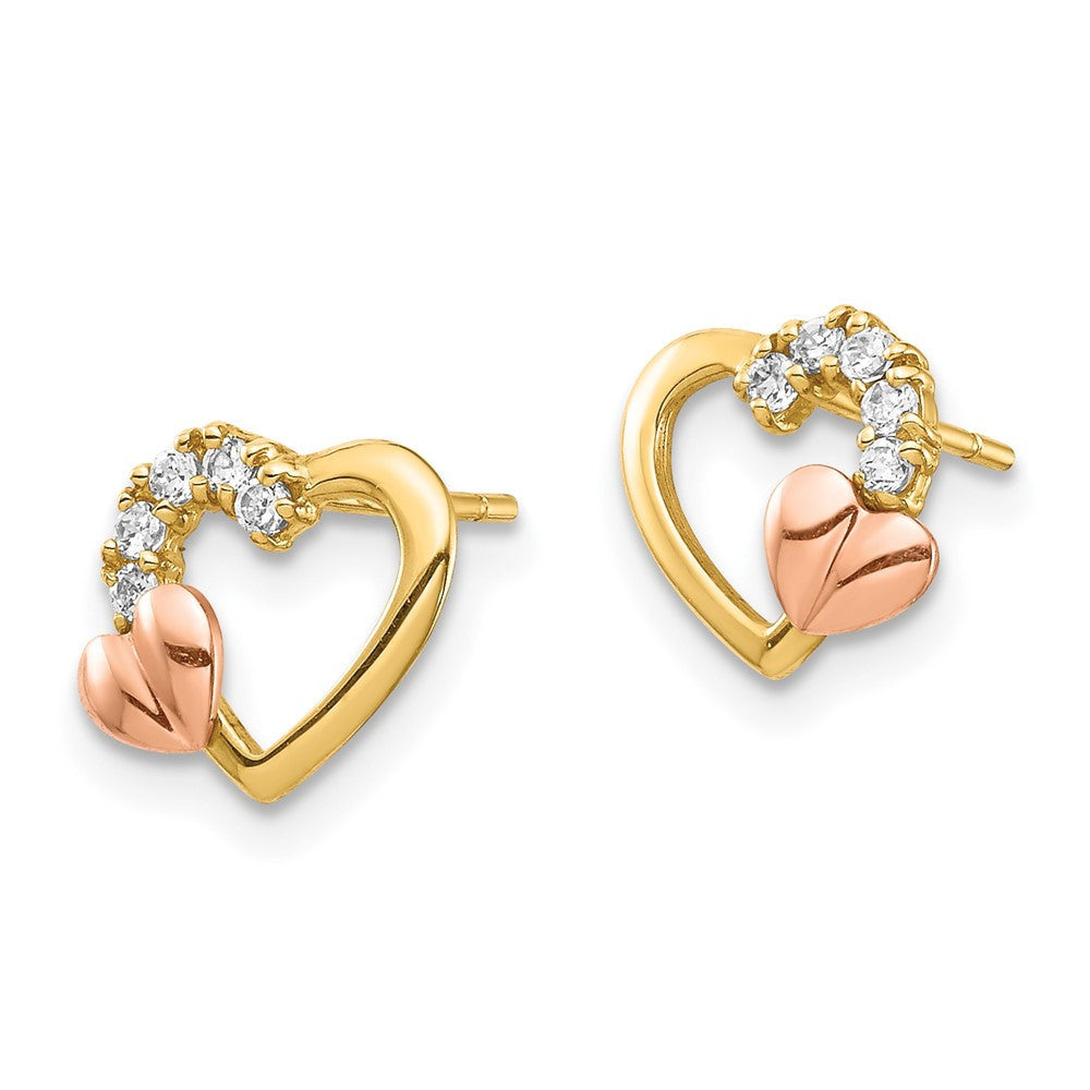 14k Two-tone Gold Cubic Zirconia Heart Stud Earrings