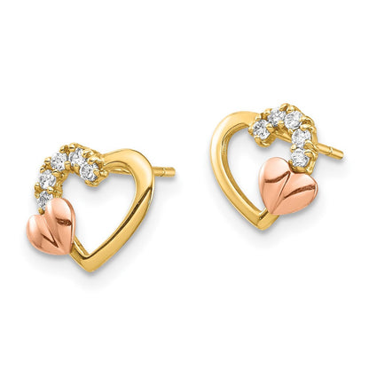 14k Two-tone Gold Cubic Zirconia Heart Stud Earrings