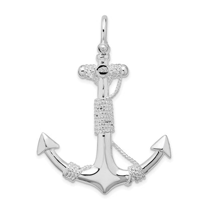 Sterling Silver Rhodium-Plated Polished Anchor with Rope Pendant