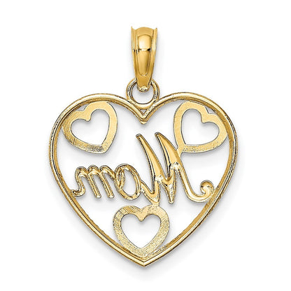 14k Yellow Gold with White Rhodium Textured MOM Heart Charm Pendant