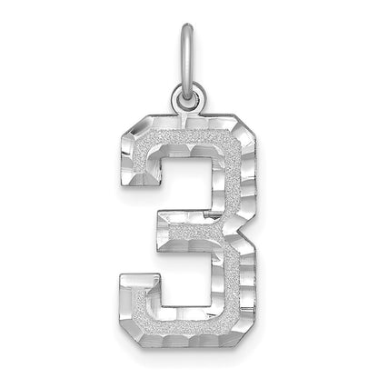 14k White Gold Large Brushed Diamond-cut Number 3 Charm Pendant