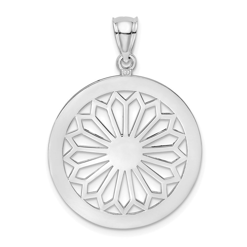 14k White Gold Retro Daisy In Round Frame Charm Pendant