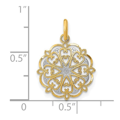 14k Yellow Gold w/Rhodium and D/C Filigree Heart Round Charm Pendant