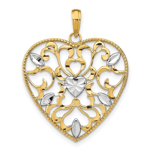 14k Yellow Gold Rhodium Filigree Leaf Accent Heart Charm Pendant