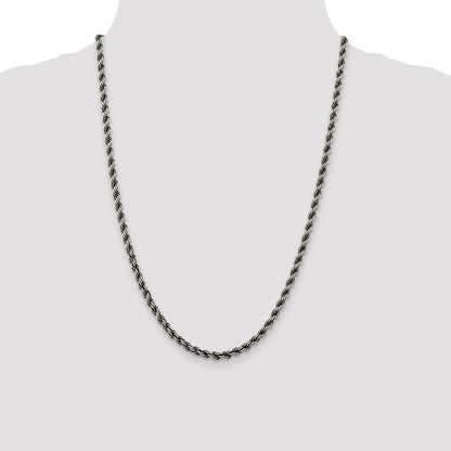 Sterling Silver Ruthenium-plated 4.5mm Rope Chain Necklace 24"