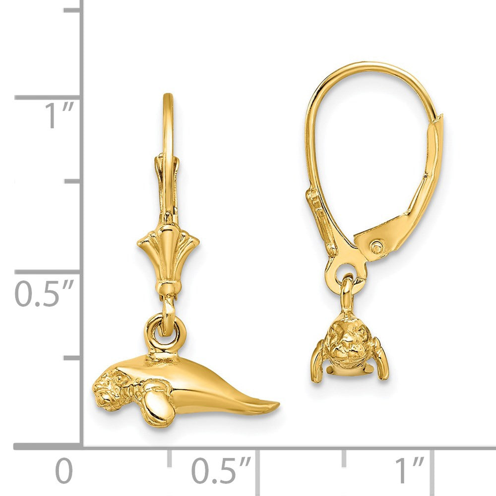 14k Yellow Gold 3-D Polished Mini Manatee Leverback Drop & Dangle Earrings