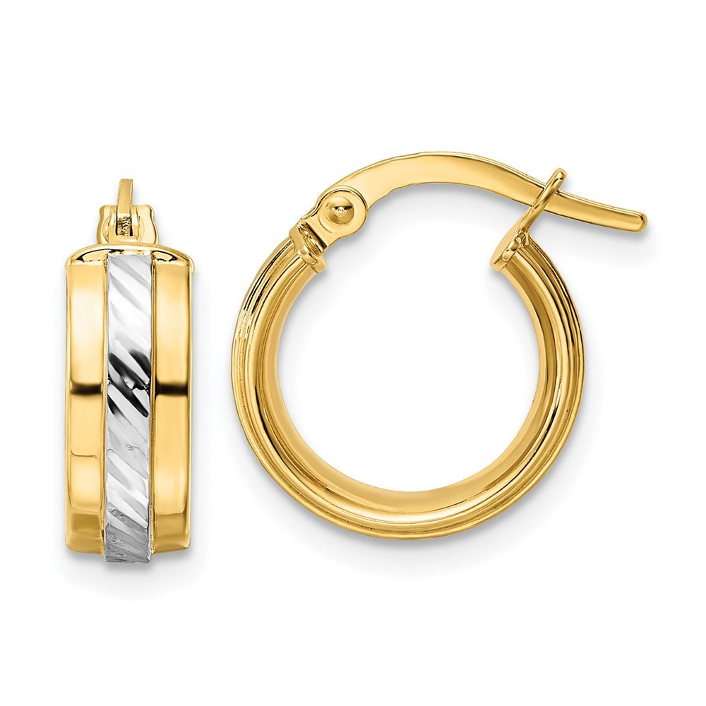 14k Yellow Gold w/ White Rhodium Diamond-cut Hoop Earrings