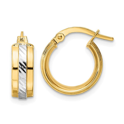 14k Yellow Gold w/ White Rhodium Diamond-cut Hoop Earrings