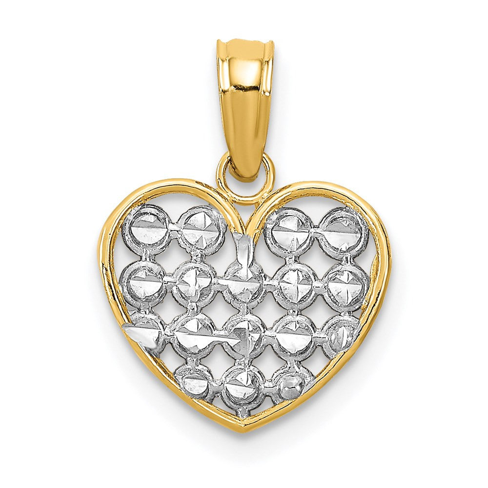 14k Yellow Gold Rhodium Diamond-cut Heart Charm Pendant