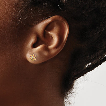 14k Yellow Gold Polished Red and White CZ Flower Button Stud Earrings