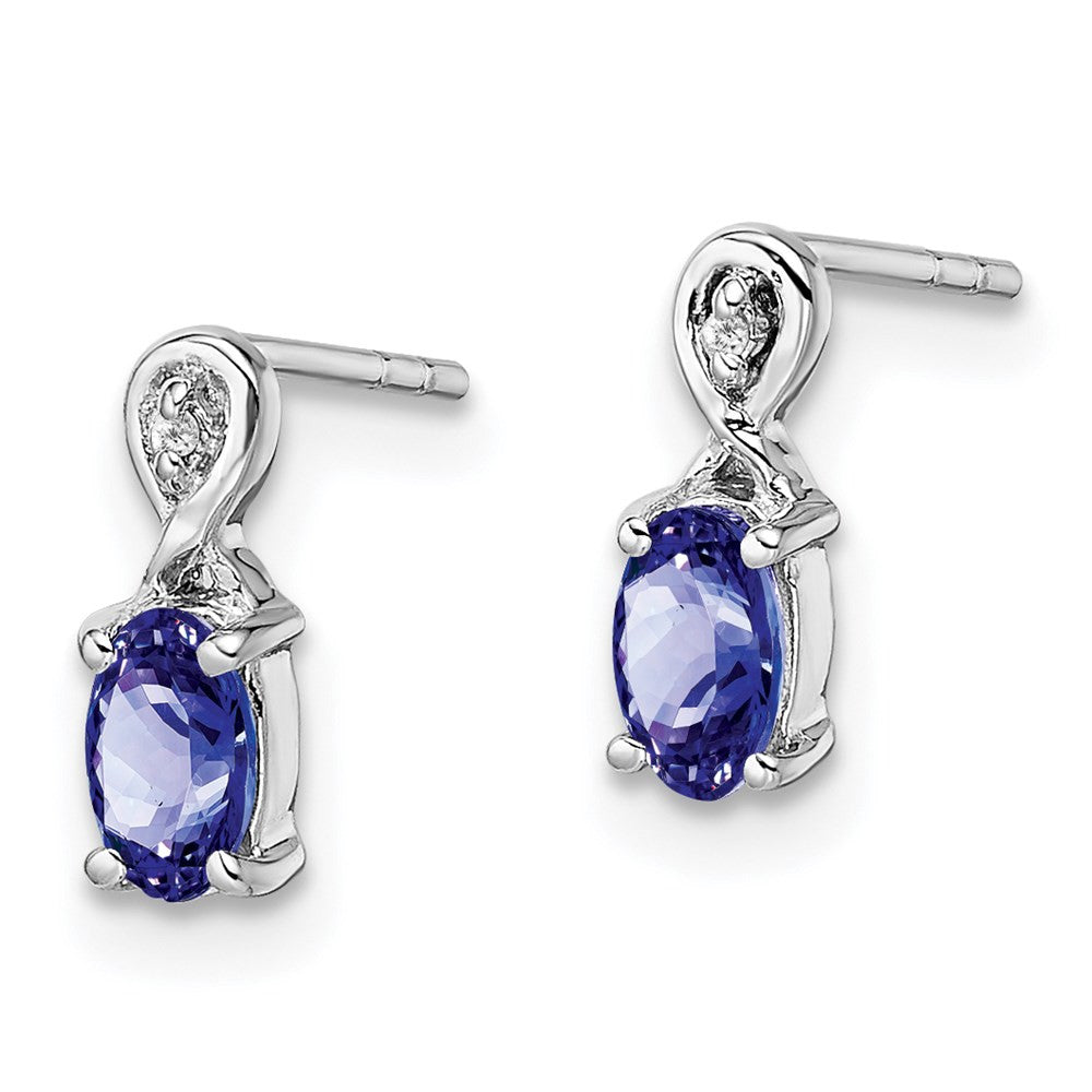 Sterling Silver Rhodium Plated Diamond & Tanzanite Oval Dangle Earrings