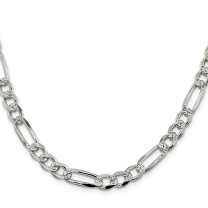 Sterling Silver 7.25mm Pav� Flat Figaro Chain Necklace 20"