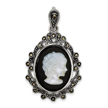 Sterling Silver Antiqued Marcasite Blk Agate and MOP Cameo Pendant