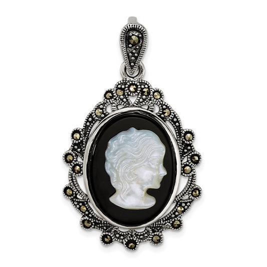 Sterling Silver Antiqued Marcasite Blk Agate and MOP Cameo Pendant