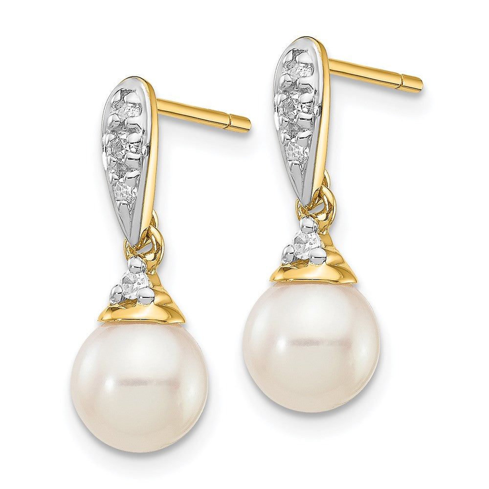 14k Yellow Gold 6-7mm White Round FWC Pearl .08ct Diamond Dangle Earrings