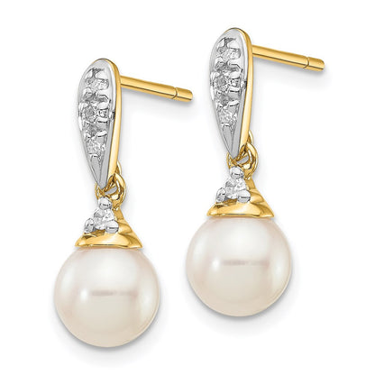14k Yellow Gold 6-7mm White Round FWC Pearl .08ct Diamond Dangle Earrings