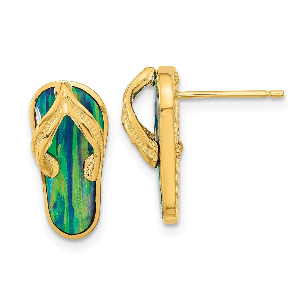14k Yellow Gold Polished w/Created Blue Opal Flip Flop Stud Earrings