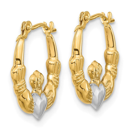 14k Yellow Gold w/White Rhodium Polished Claddagh Hoops