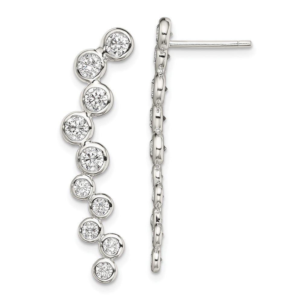 Sterling Silver Rhod-plated Polished Bezel CZ Ear Climber Dangle Earrings