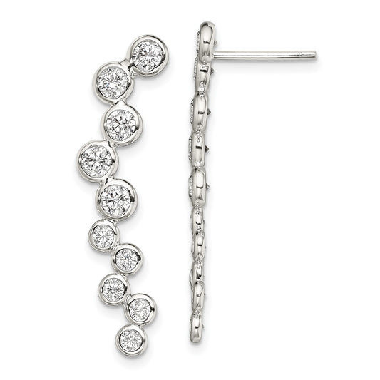 Sterling Silver Rhod-plated Polished Bezel CZ Ear Climber Dangle Earrings