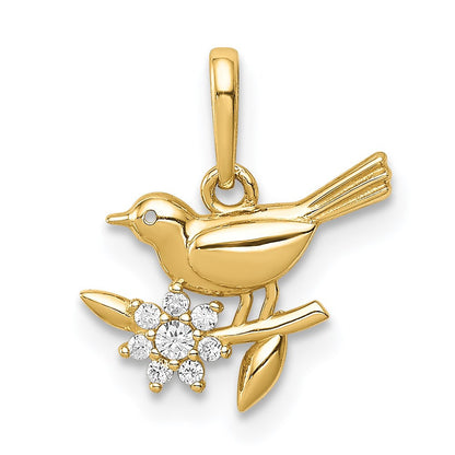 14k Yellow Gold Bird on a Branch CZ Pendant