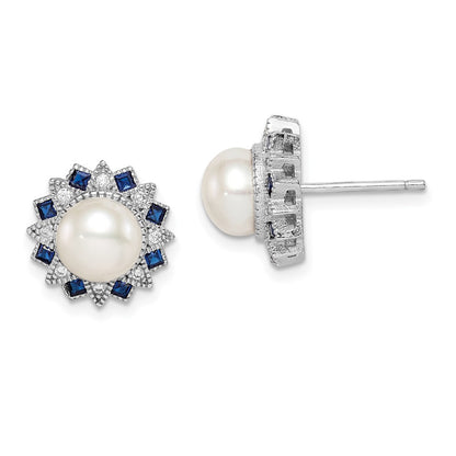 Sterling Silver RH-plated FWC Pearl/Syn. Blue Spinel/CZ Button Stud Earrings