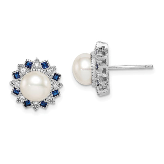 Sterling Silver RH-plated FWC Pearl/Syn. Blue Spinel/CZ Button Stud Earrings