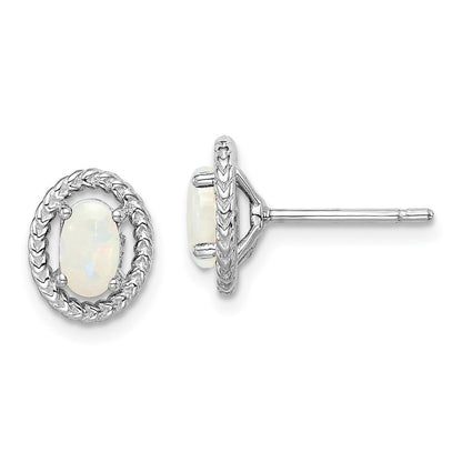 Sterling Silver Rhod-plat Milky Opal Oval Button Stud Earrings