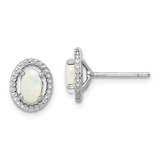 Sterling Silver Rhod-plat Milky Opal Oval Button Stud Earrings