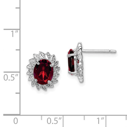 Sterling Silver Rhodium Plated Garnet and Diamond Button Stud Earrings