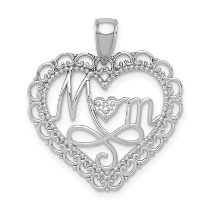 14k White Gold Polished MOM Scallop Heart Pendant