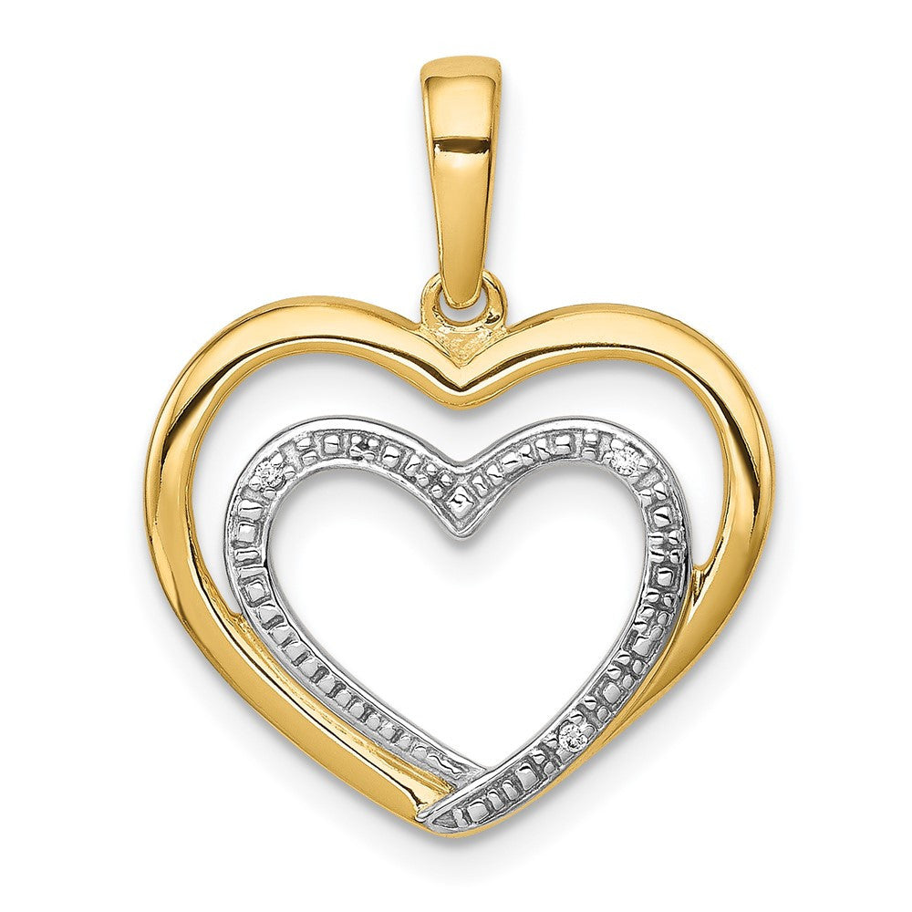 14k Yellow Gold .01ct. Diamond and Rhodium Double Heart Pendant