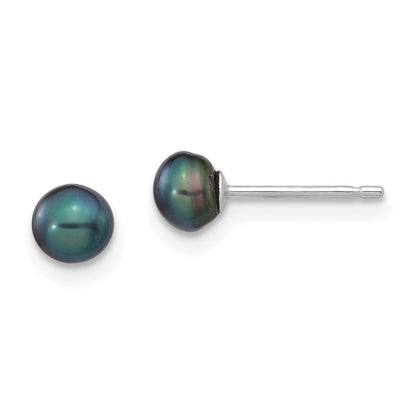 14k White Gold 4-5mm Black Button Freshwater Cultured Pearl Stud Earrings