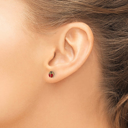 14k Yellow Gold Polished Enameled Ladybug Stud Earrings