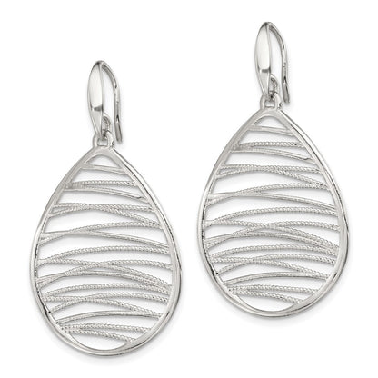 Sterling Silver Rhod-pltd Polished/Textured Tear Dangle Earrings