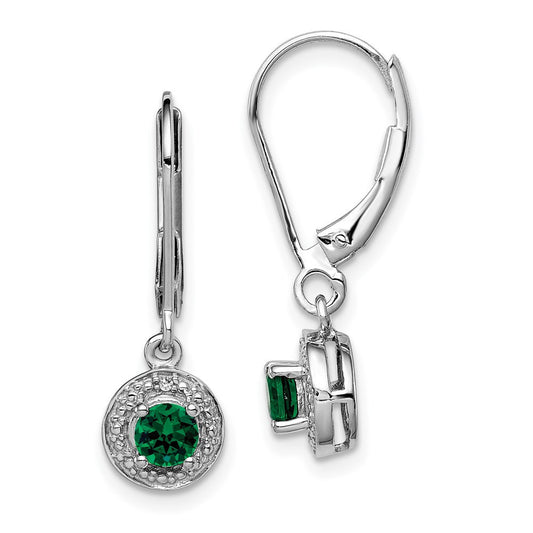 Sterling Silver Rhodium-plated Diam. & Created Emerald Dangle Earrings