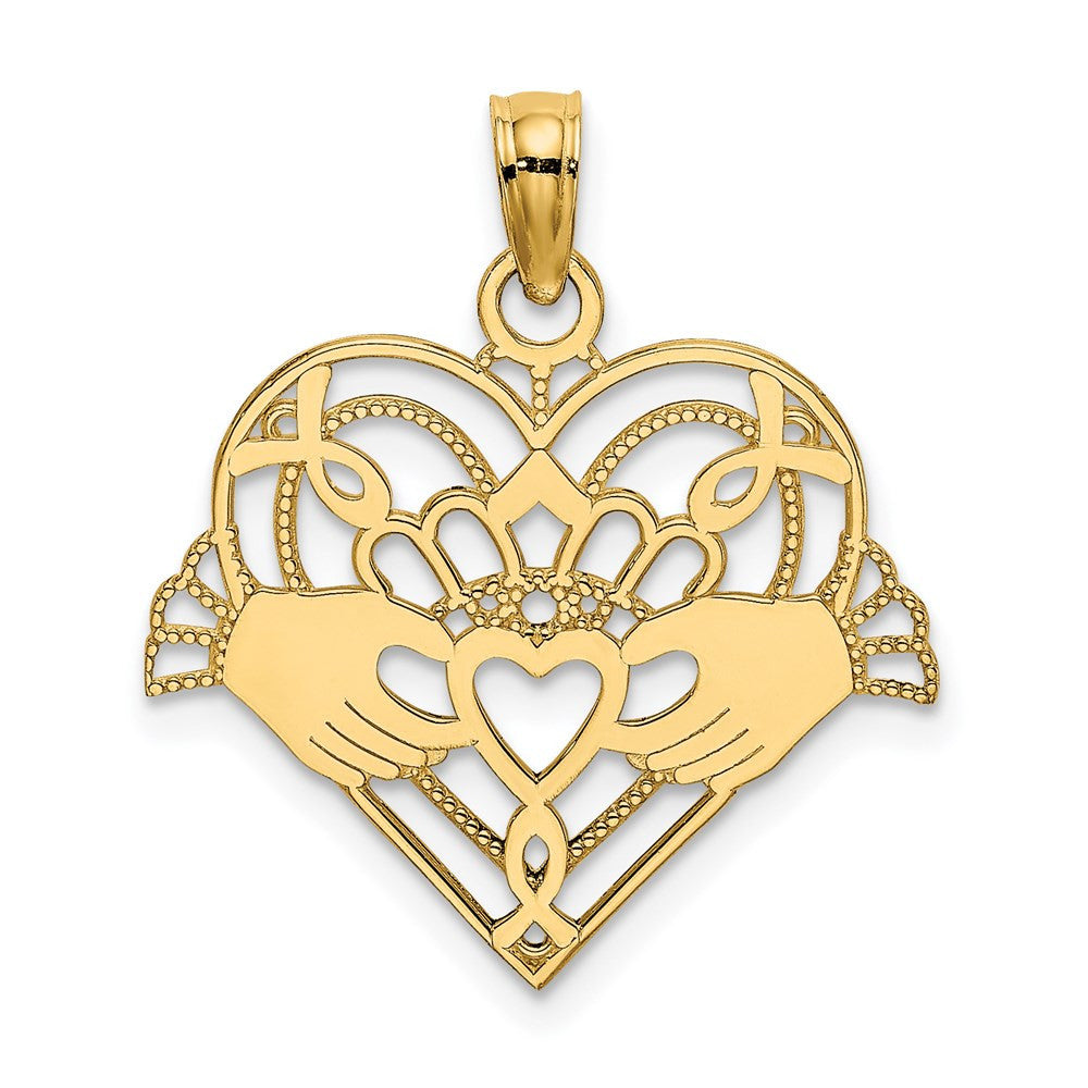 14k Yellow Gold Polished and Beaded Claddagh In Heart Charm Pendant