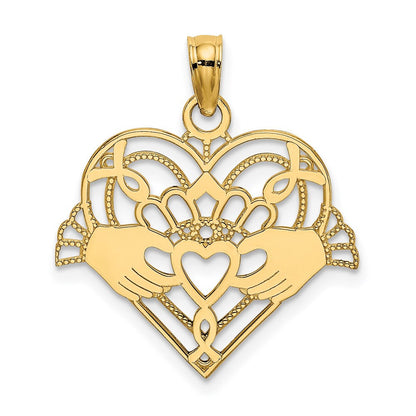 14k Yellow Gold Polished and Beaded Claddagh In Heart Charm Pendant