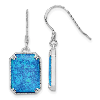 Sterling Silver RH-plated Blue Created Opal Beaded Border Dangle Earrings