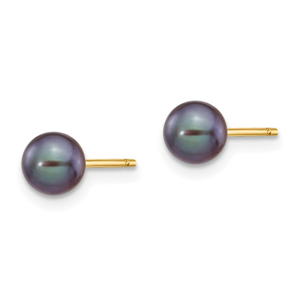 14k Yellow Gold 5-6mm Black Round Freshwater Cultured Pearl Stud Earrings