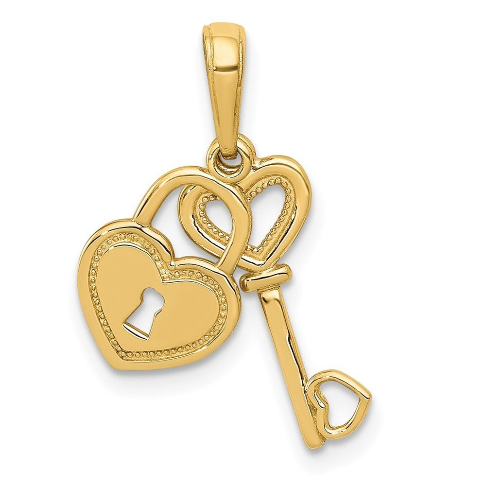 14k Yellow Gold Polished Moveable Heart Key and Heart Lock Charm Pendant