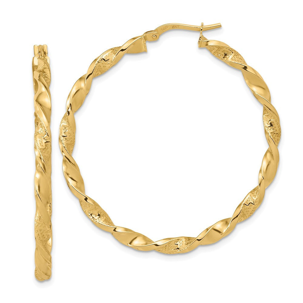 14k Yellow Gold Polished and Textured Twisted Hoop Earrings